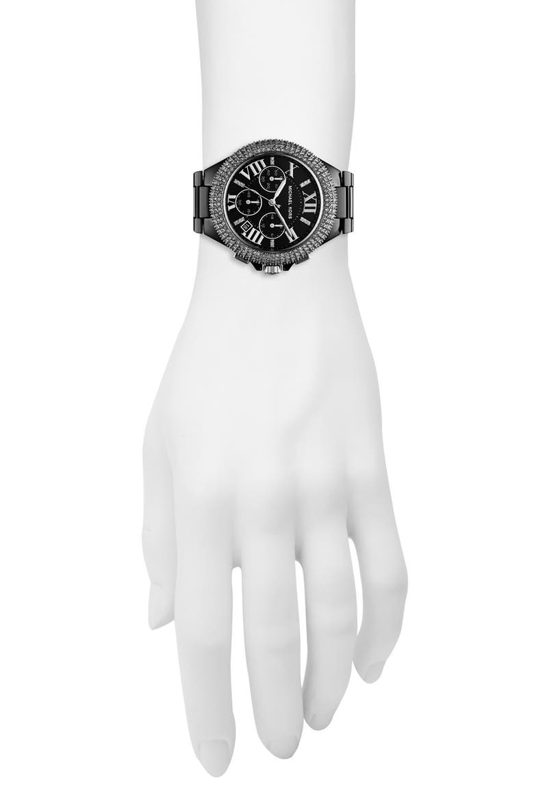 Michael Kors 'Camille' Chronograph Ceramic Bracelet Watch, 43mm, Alternate, color, BLACK
