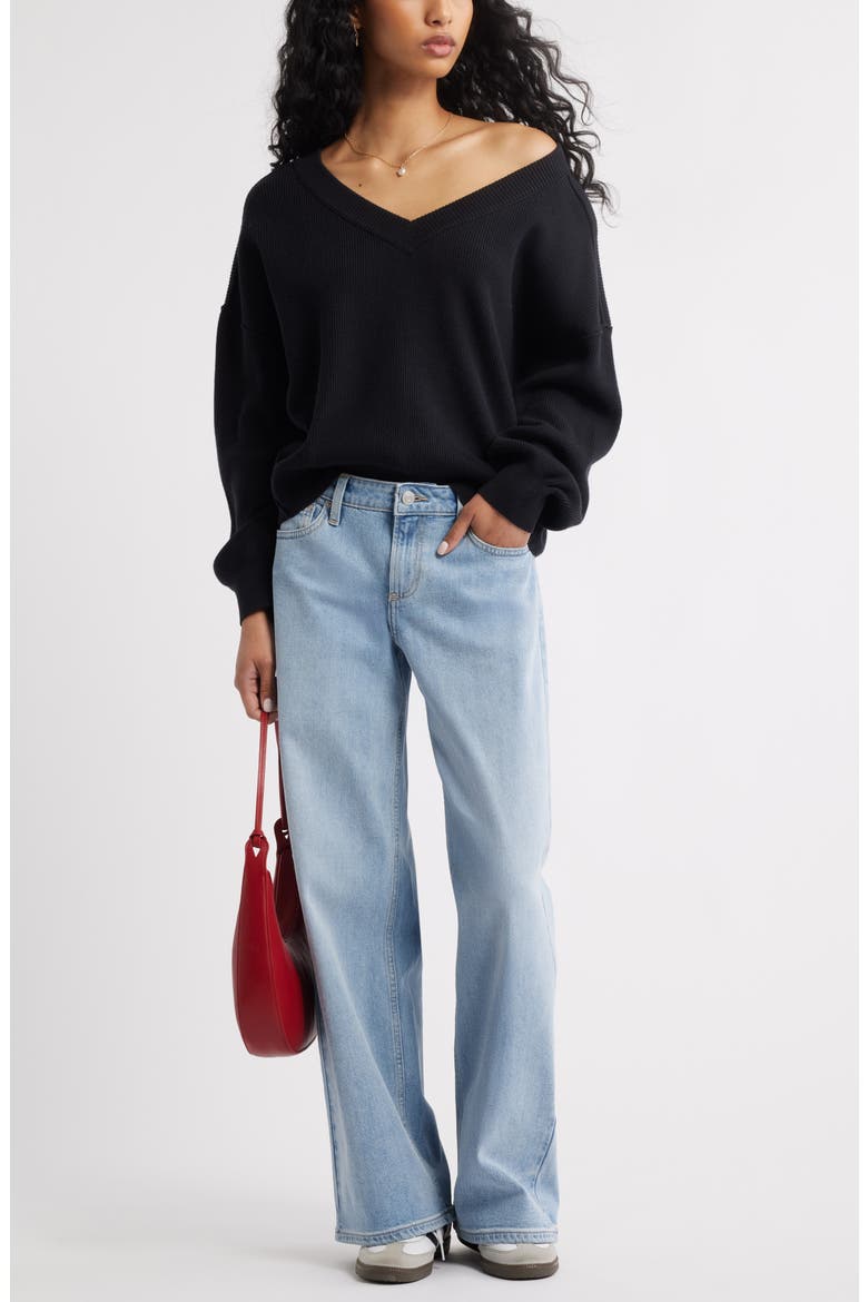 Seamed Oversize V-Neck Rib Sweater, Alternate, color, BLACK