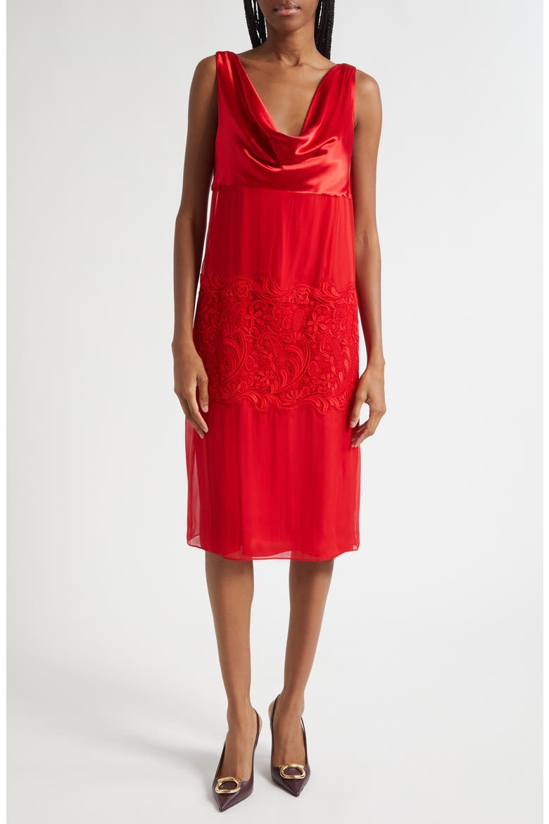 Lace Trim Cowl Neck Satin & Chiffon Shift Dress, Main, color, NEW RED