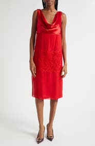 FERRAGAMO Lace Trim Cowl Neck Satin & Chiffon Shift Dress