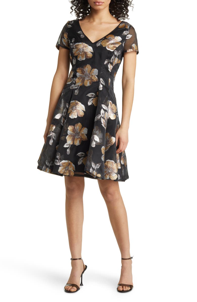 Shani Metallic Floral Jacquard Fit & Flare Organza Dress, Main, color, Black/ Gold