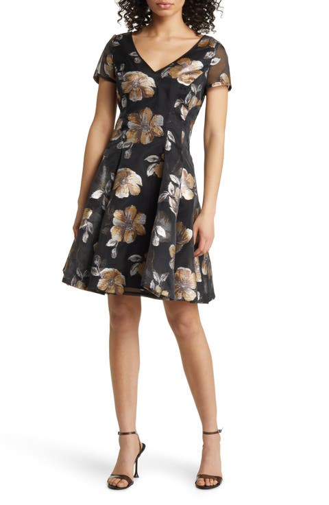 Metallic Floral Jacquard Fit & Flare Organza Dress