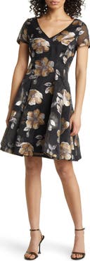 Shani Metallic Floral Jacquard Fit & Flare Organza Dress