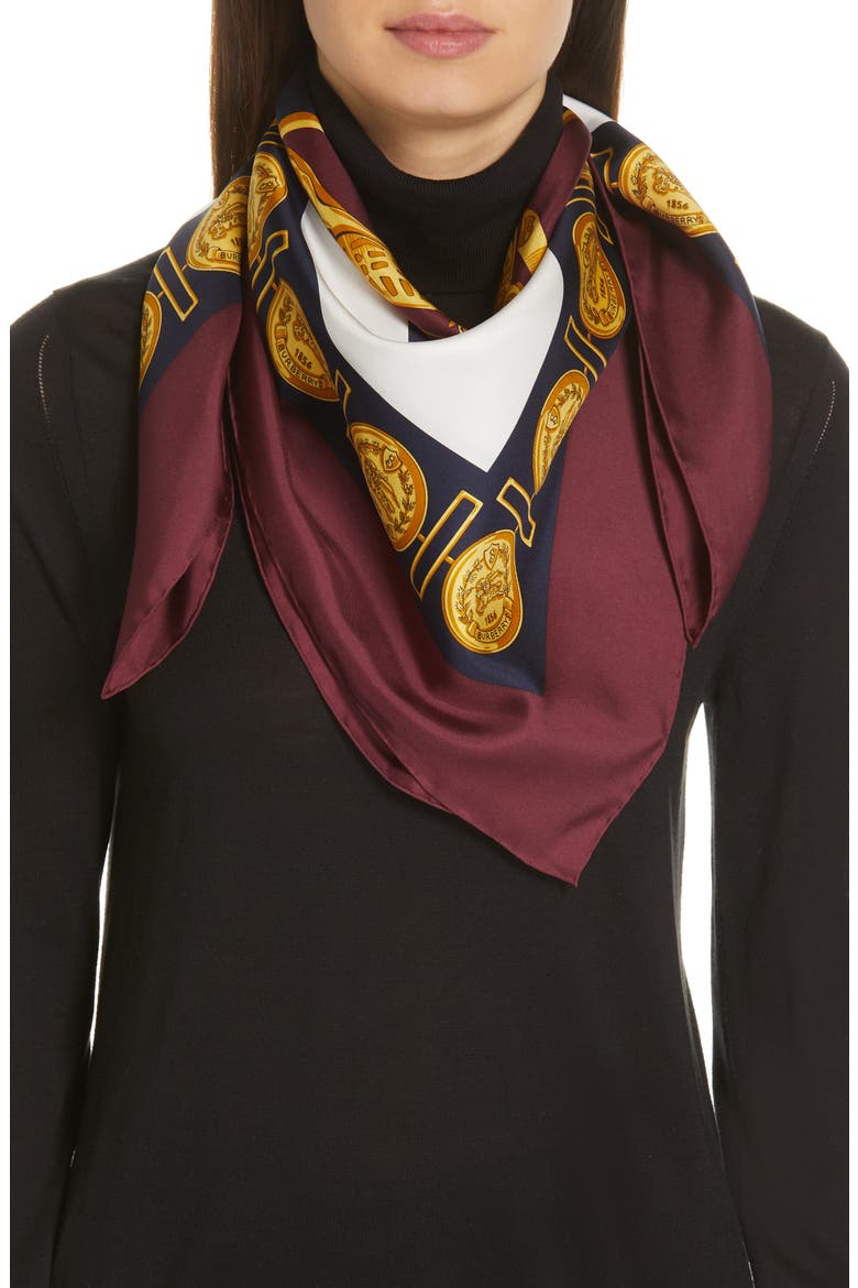Archive Print Square Silk Scarf, Alternate, color, BURGUNDY