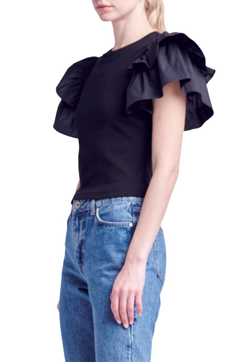 English Factory Mix Media Ruffle Sleeve Cotton Rib Top, Alternate, color, Black