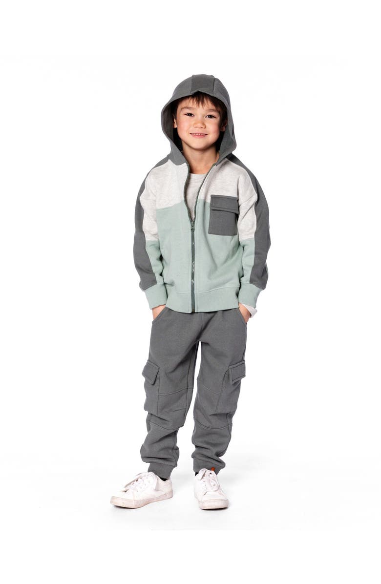 Deux par Deux Full Zip Fleece Color Block Sweatshirt, Main, color, Green Gray