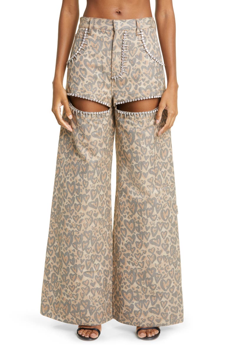 Heart Leopard Print Crystal Trim Cutout High Waist Wide Leg Jeans, Main, color, BROWN MULTI