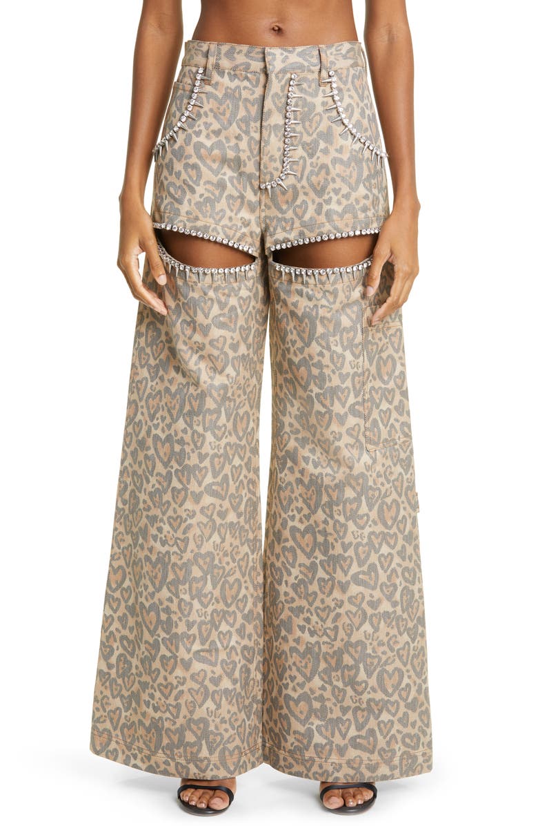 Area Heart Leopard Print Crystal Trim Cutout High Waist Wide Leg Jeans, Main, color,