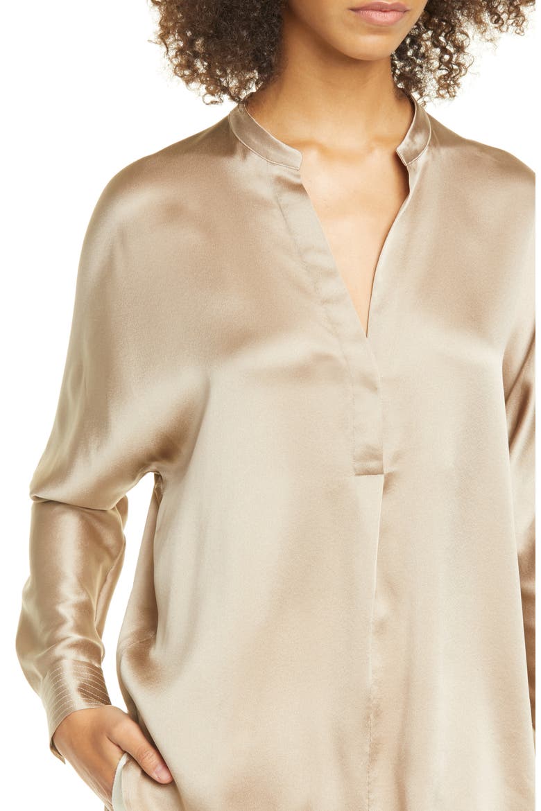Band Collar Long Sleeve Silk Blouse, Alternate, color, TAUPE