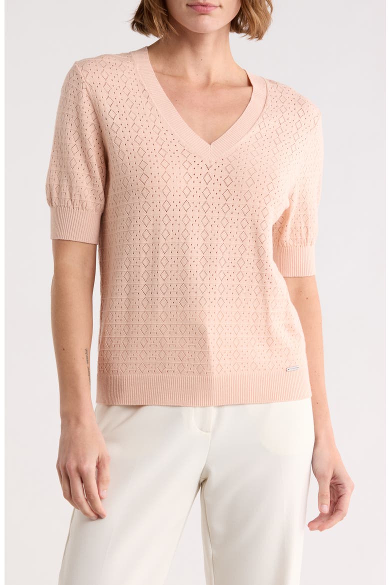 V-Neck Mitered Pointelle Sweater, Main, color, BLUSH BEIGE