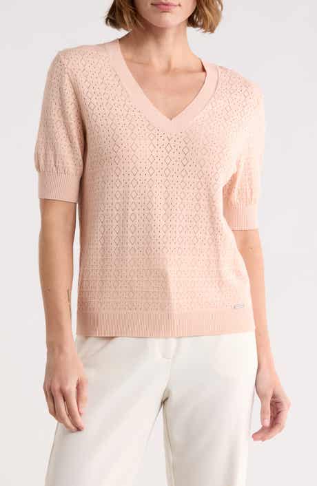 V-Neck Mitered Pointelle Sweater