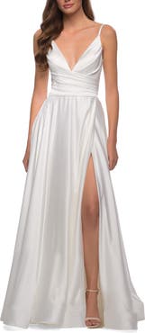 La Femme Long Satin Dress with Side Slit and V Shaped Back
