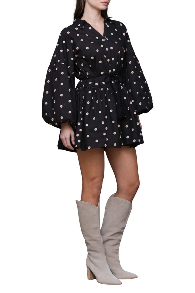 Embroidered Long Sleeve Babydoll Mini Shirtdress, Alternate, color, BLACK DAISY EMBROIDE