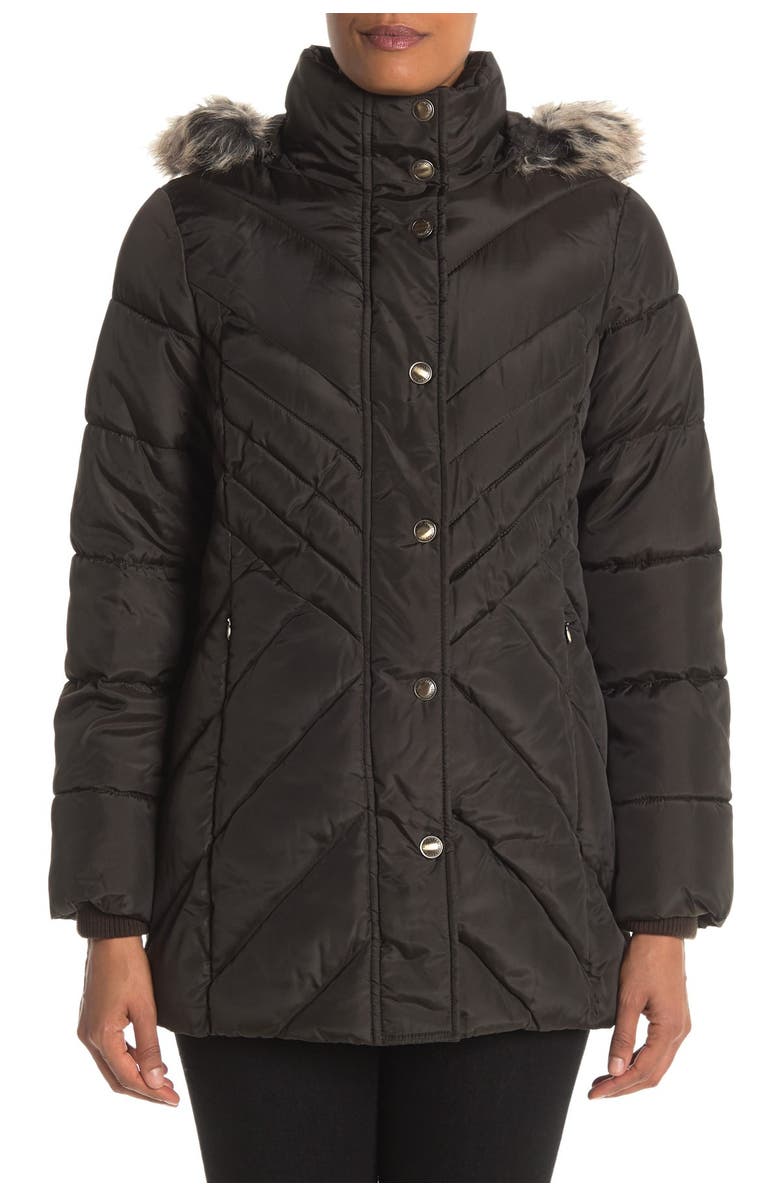 London Fog Faux Fur Trim Hooded Zip Front Puffer Jacket, Alternate, color,