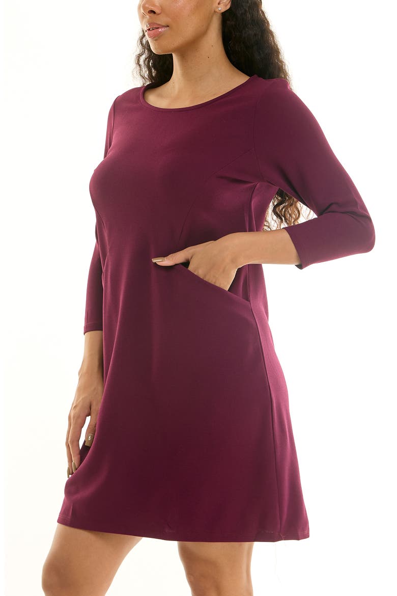 Crew Neck 3/4 Length Sleeve Swing Dress, Alternate, color, DEEP WINE