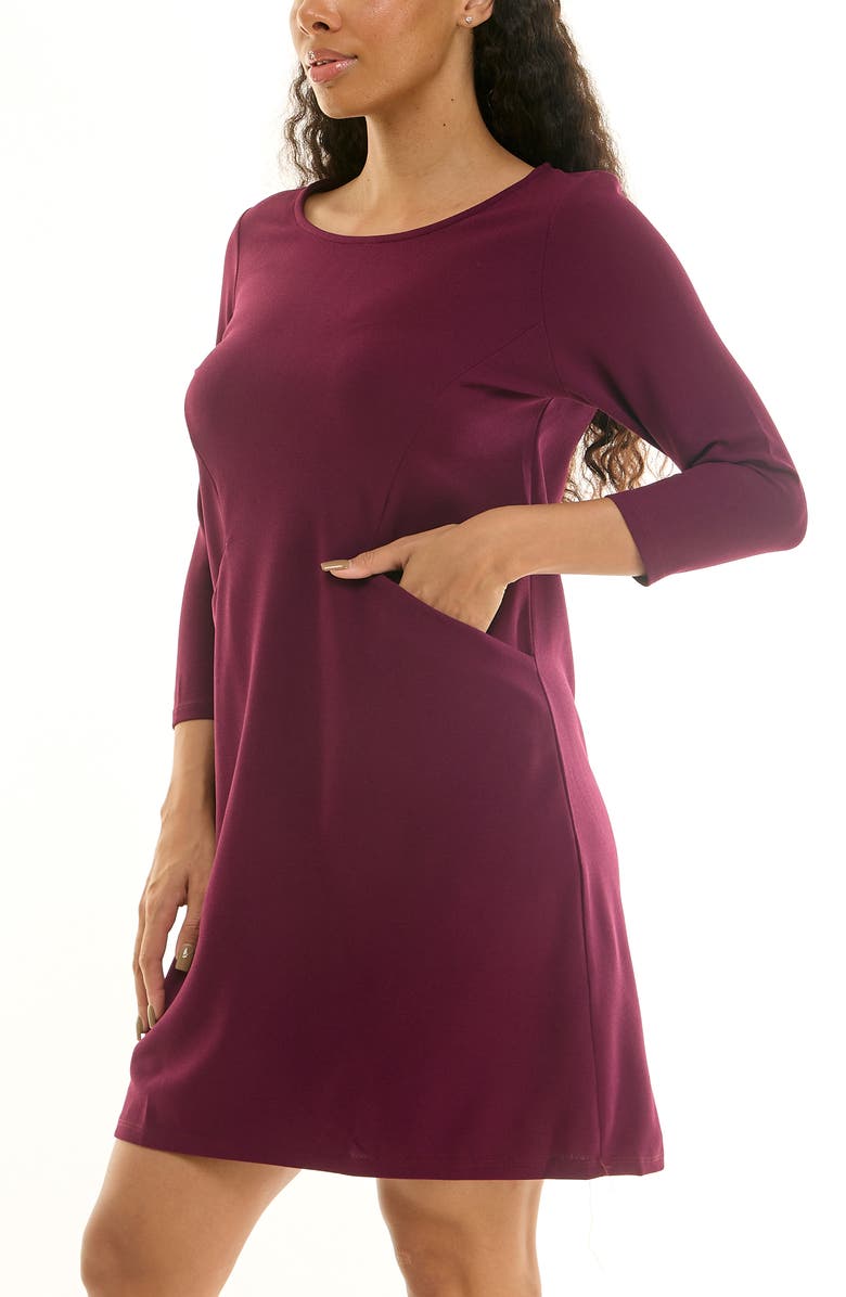 Nina Leonard Crew Neck 3/4 Length Sleeve Swing Dress, Alternate, color, Deep Wine
