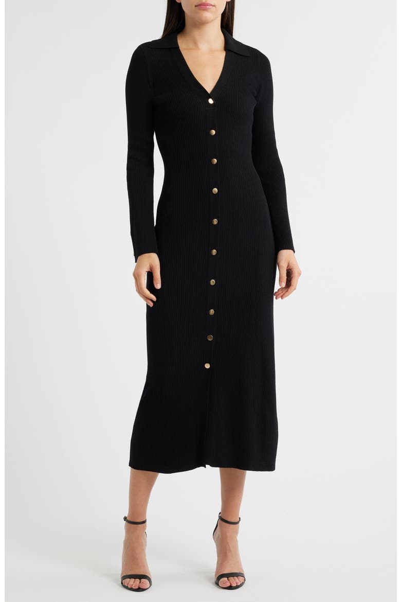 Collar Long Sleeve Rib Maxi Sweater Dress, Main, color, BLACK
