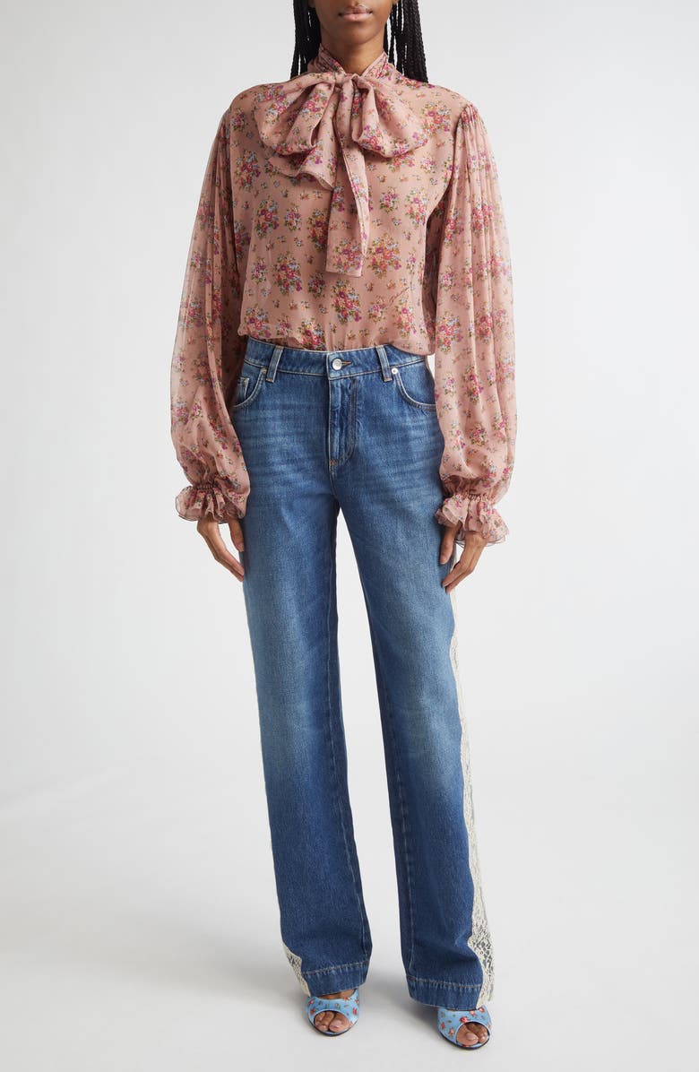 Dolce&Gabbana Floral Bouquets Silk Chiffon Tie Neck Shirt, Alternate, color, Mazzolini Fiori Fros