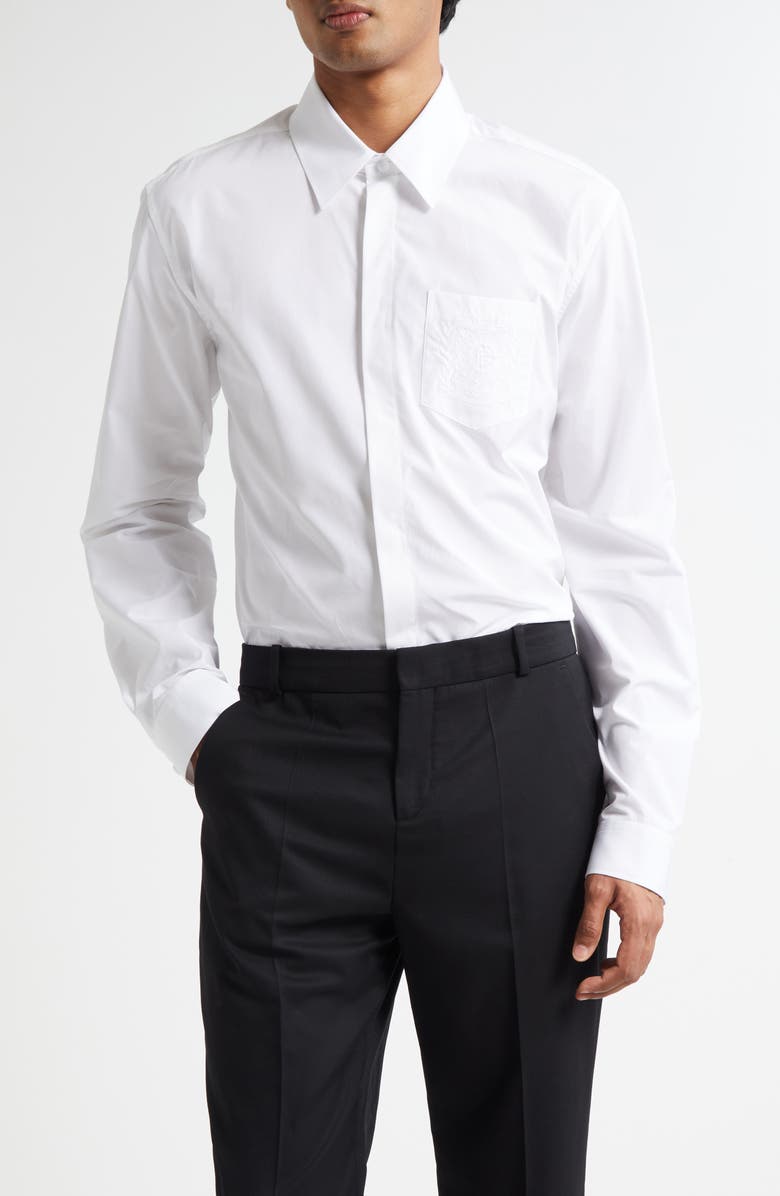 Balmain Embroidered Emblem Cotton Poplin Button-Up Shirt, Main, color, 0Fb Optical White