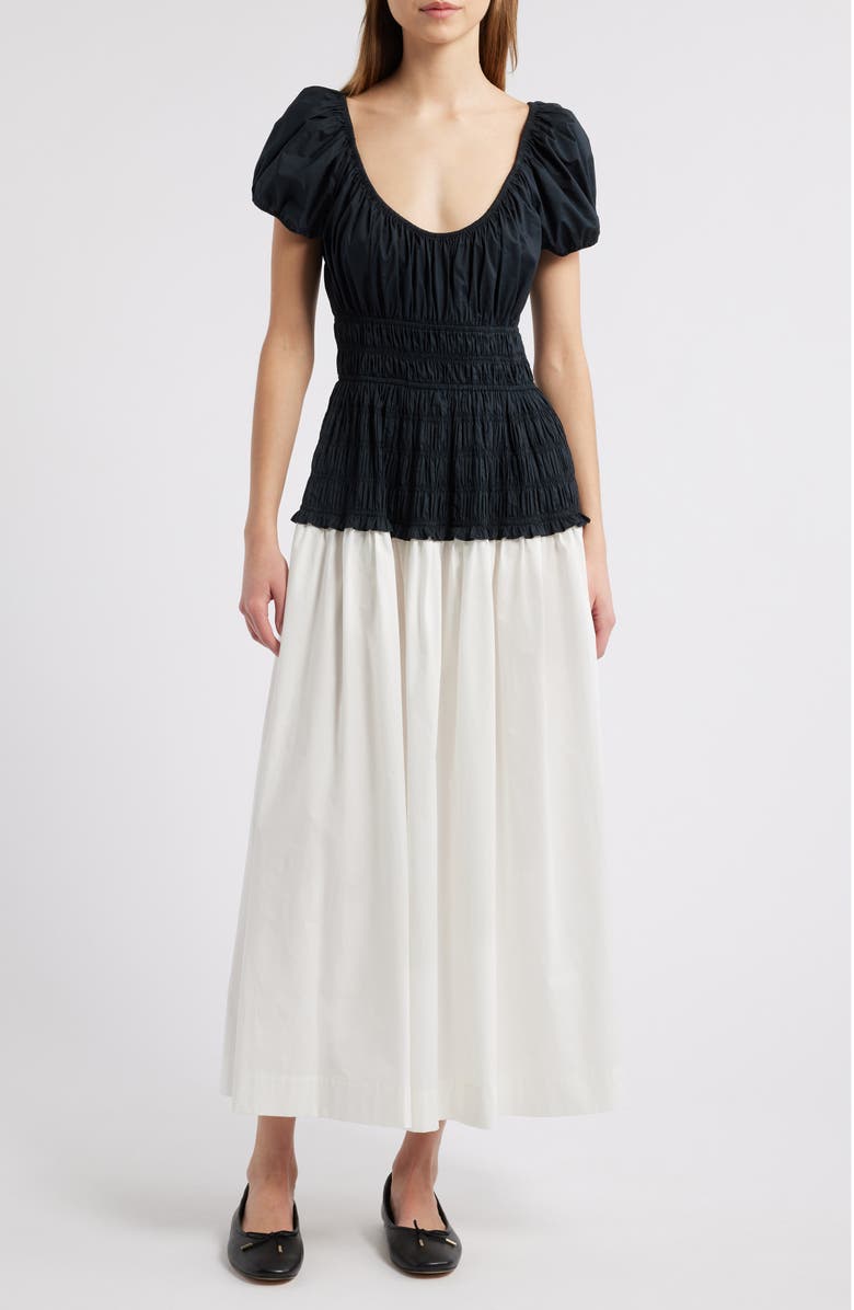 DÔEN Enya Pleated Organic Cotton Maxi Dress, Main, color, Black With Salt