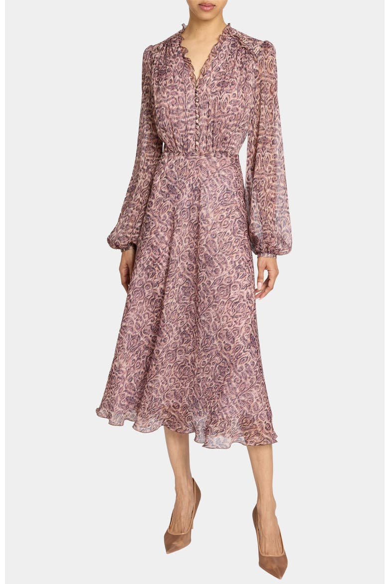 Amal Long Sleeve Fit and Flare Midi Dress in Printed Georgette, Alternate, color, DUSTY LILAC MULTI