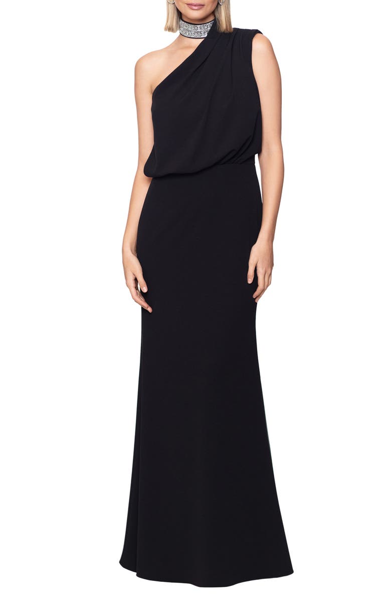 Betsy & Adam Crystal Mock Neck One-Shoulder Gown, Main, color, 