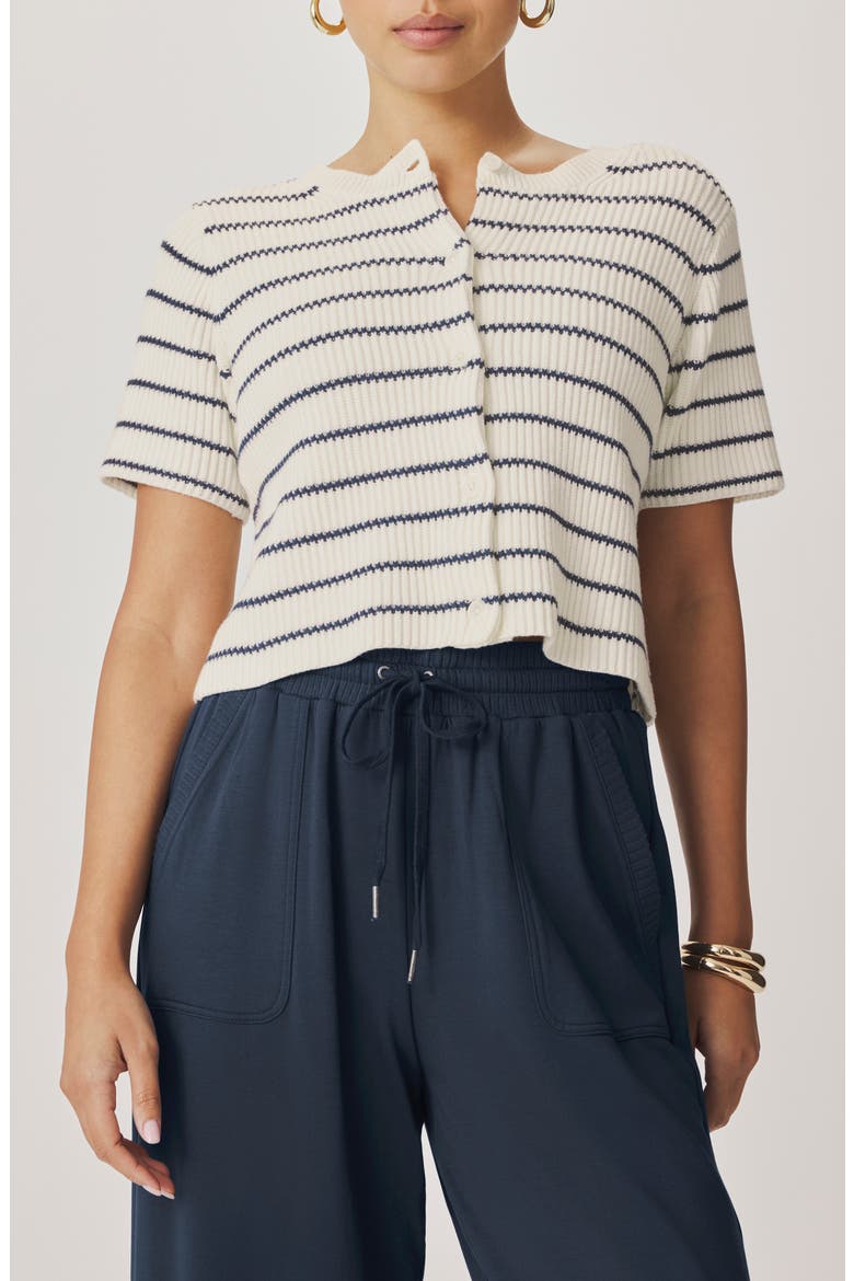 Delilah Stripe Cotton Cardigan, Main, color, MOOD INDIGO BLUE/ SHELL