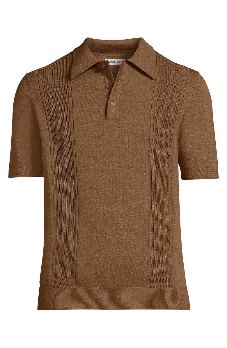 Lands' End Short Sleeve Vertical Rib Button Down Sweater Polo, Alternate, color, Soft Camel Brown Heather