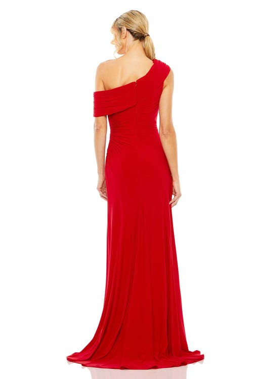 Mac Duggal Foldover Off-the-shoulder Slit Gown In Red