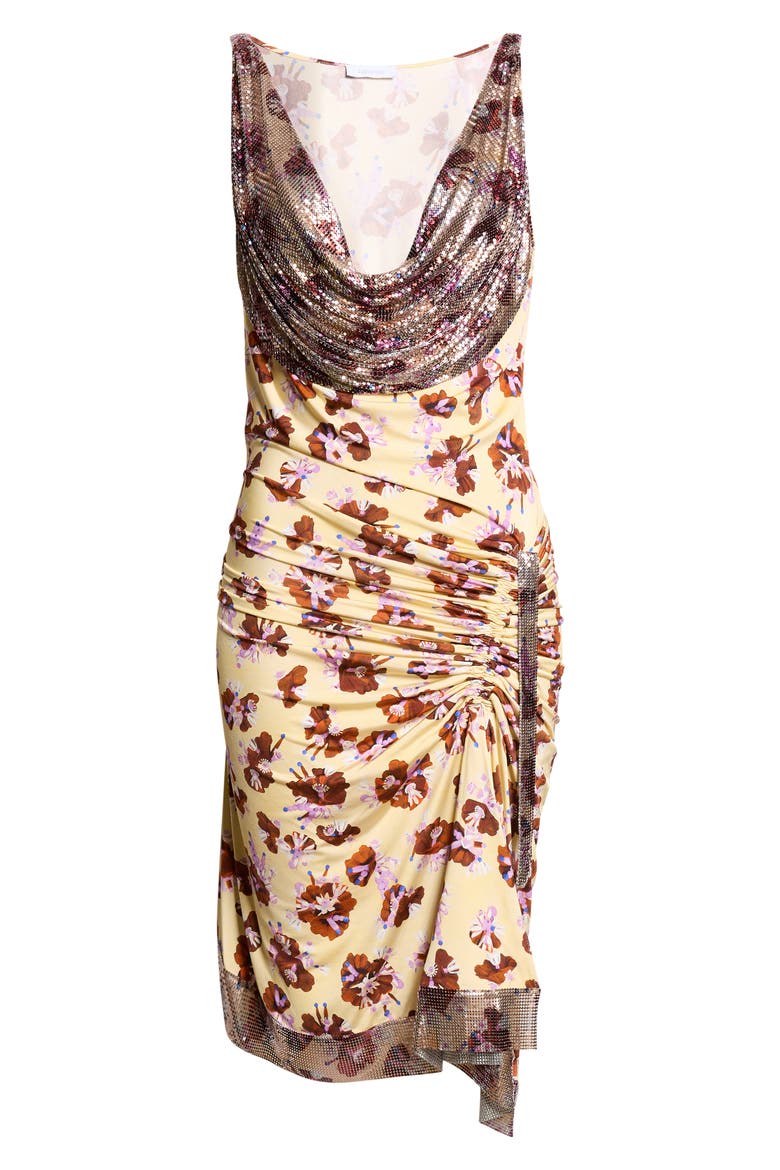 Chain Mail Floral Ruched Cowl Neck Dress, Alternate, color, FLOWER TRIMS CREAM/ RED