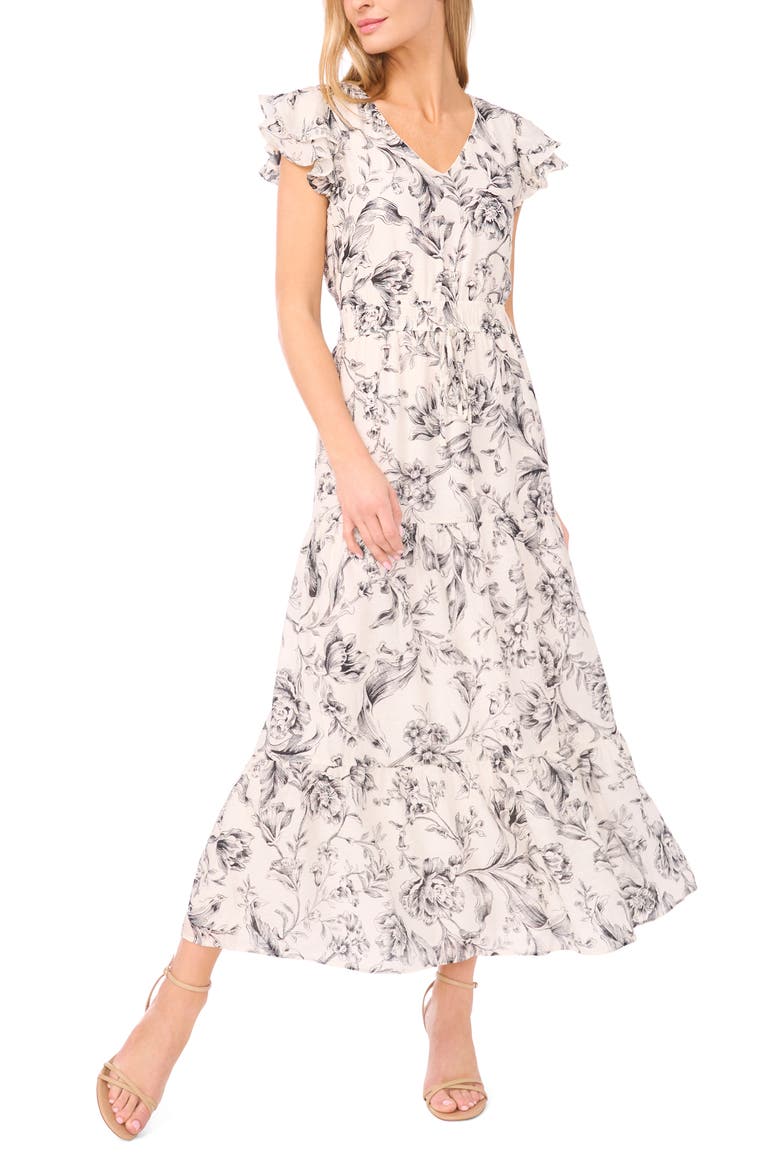 Double Ruffle Sleeve Midi Dress, Main, color, RICH BLACK