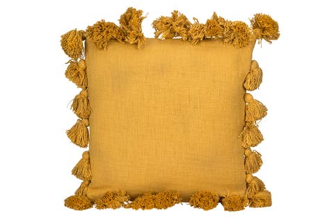 Woven Cotton Slub Pillow with Tassels, Mustard