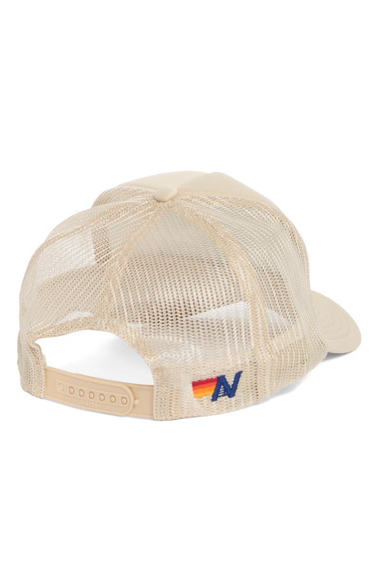 Aviator Nation Mountain Stripe Logo Embroidered Snapback Trucker Hat, Alternate, color, Khaki