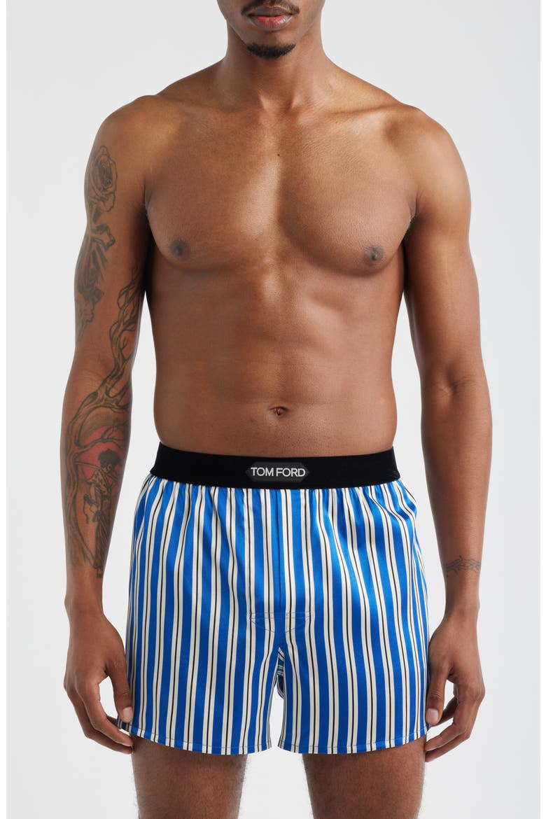 Stripe Stretch Silk Boxer Shorts, Main, color, BLUE/ WHITE