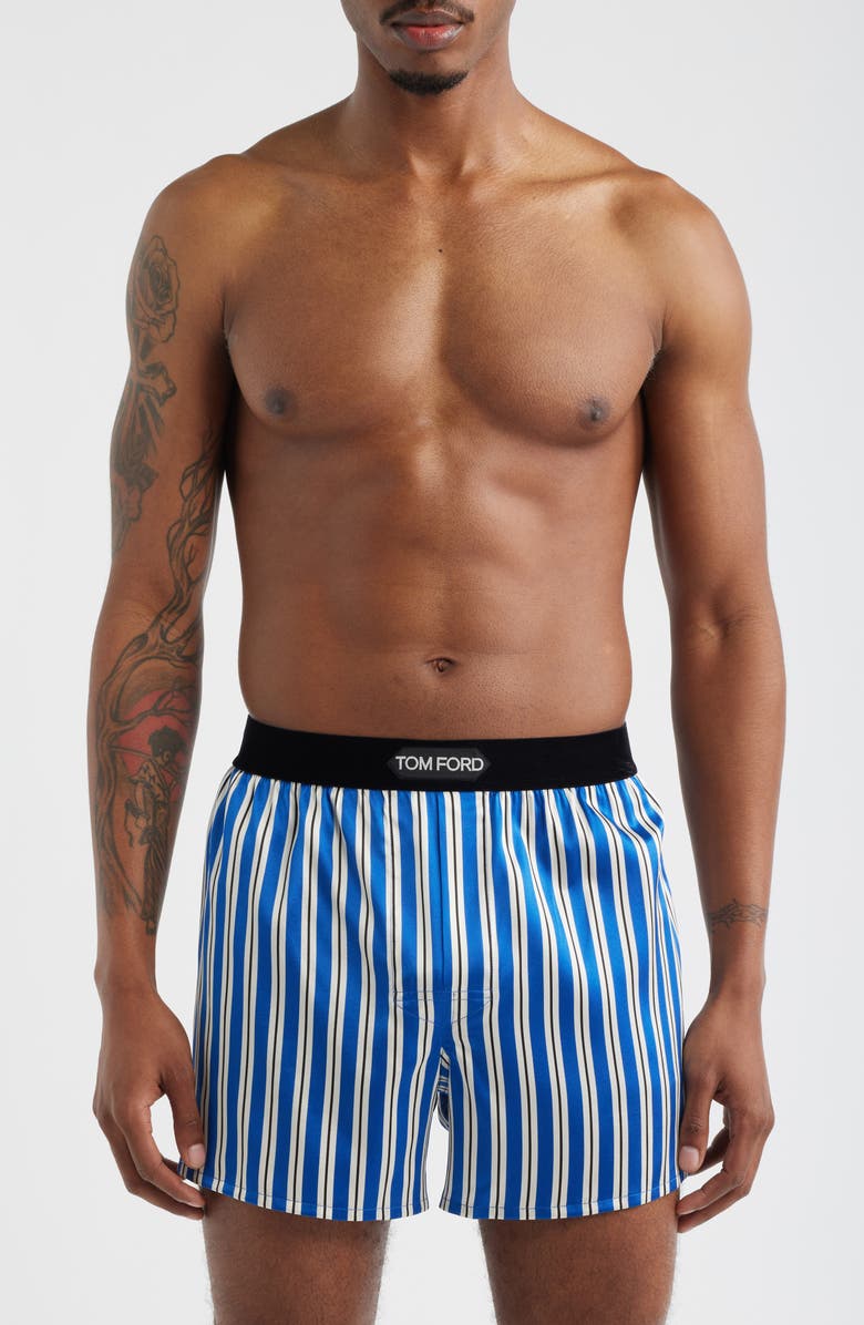 TOM FORD Stripe Stretch Silk Boxer Shorts, Main, color, Blue/ White