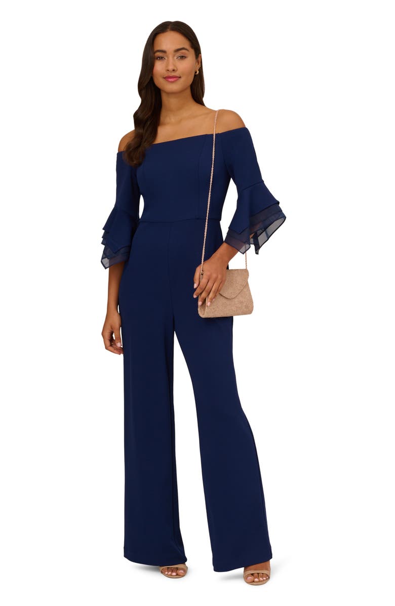 Adrianna Papell Off the Shoulder Organza Crepe Jumpsuit, Alternate, color,