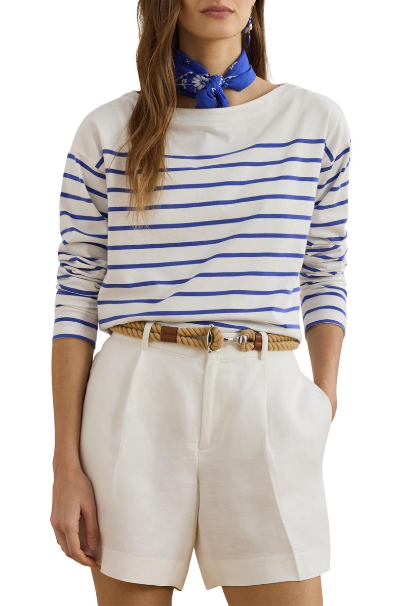 Lauren Ralph Lauren Stripe Cotton Boat Neck Top, Main, color, White/ Blue Lapis