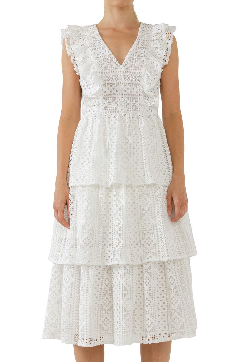 Lace Ruffle Tiered Midi Dress, Alternate, color, WHITE