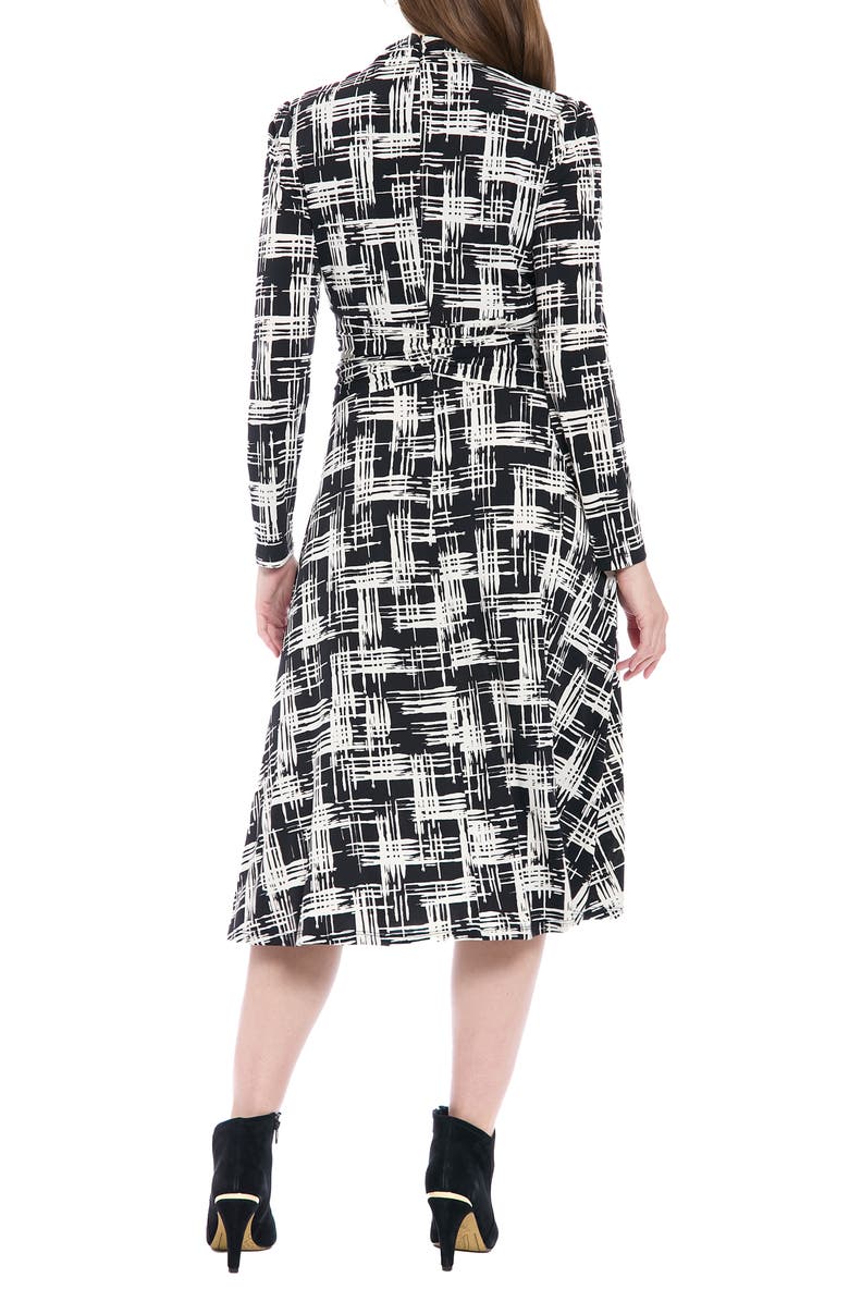 London Times Print Long Sleeve Side Twist Jersey Fit & Flare Dress, Alternate, color, Black/ Cream