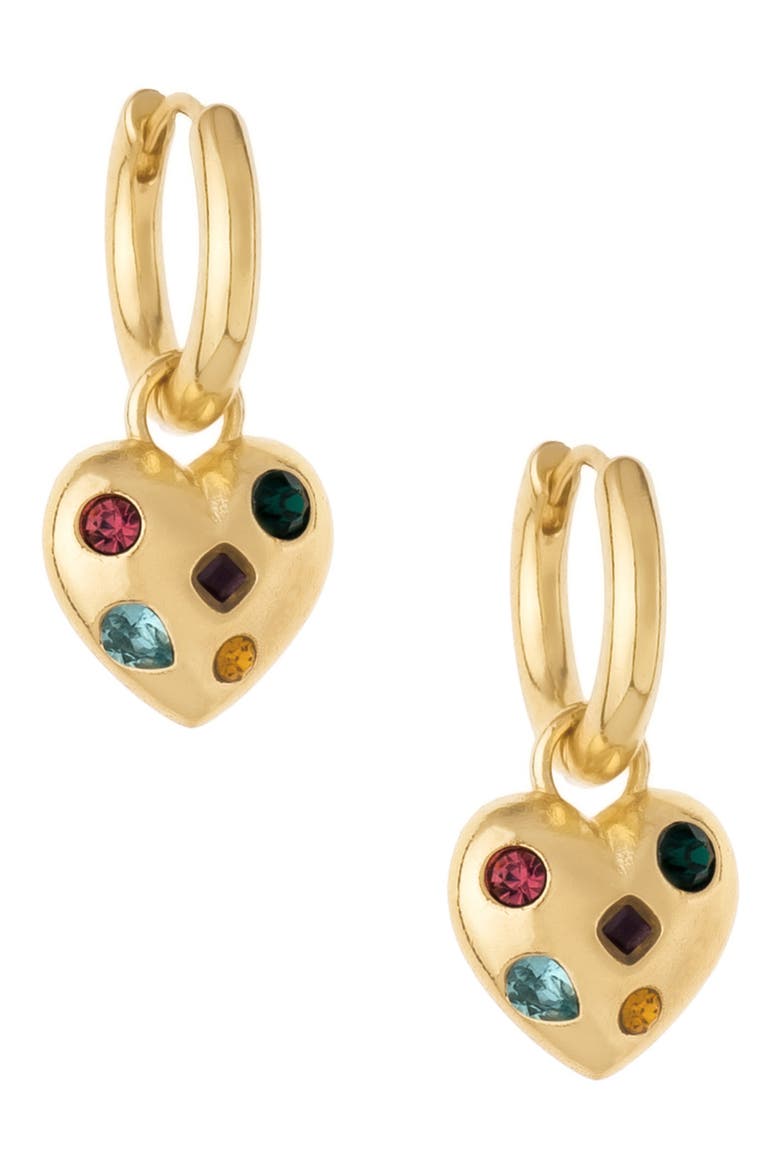 Rainbow Crystal Heart Drop Huggie Hoop Earrings, Main, color, GOLD