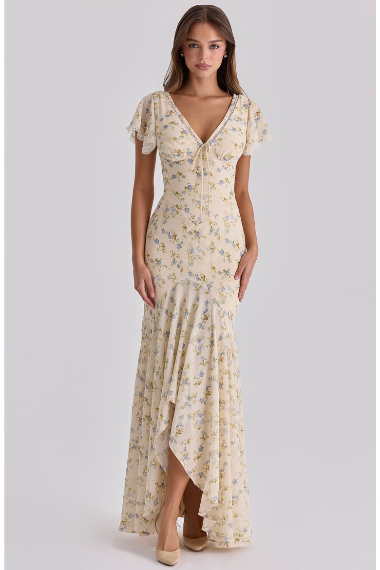 Amina Floral Georgette High Low Cocktail Dress, Alternate, color, LEMON FLORAL