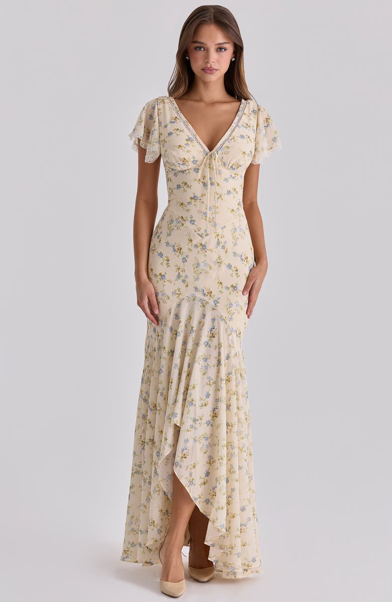 HOUSE OF CB Amina Floral Georgette High Low Cocktail Dress, Alternate, color, Lemon Floral