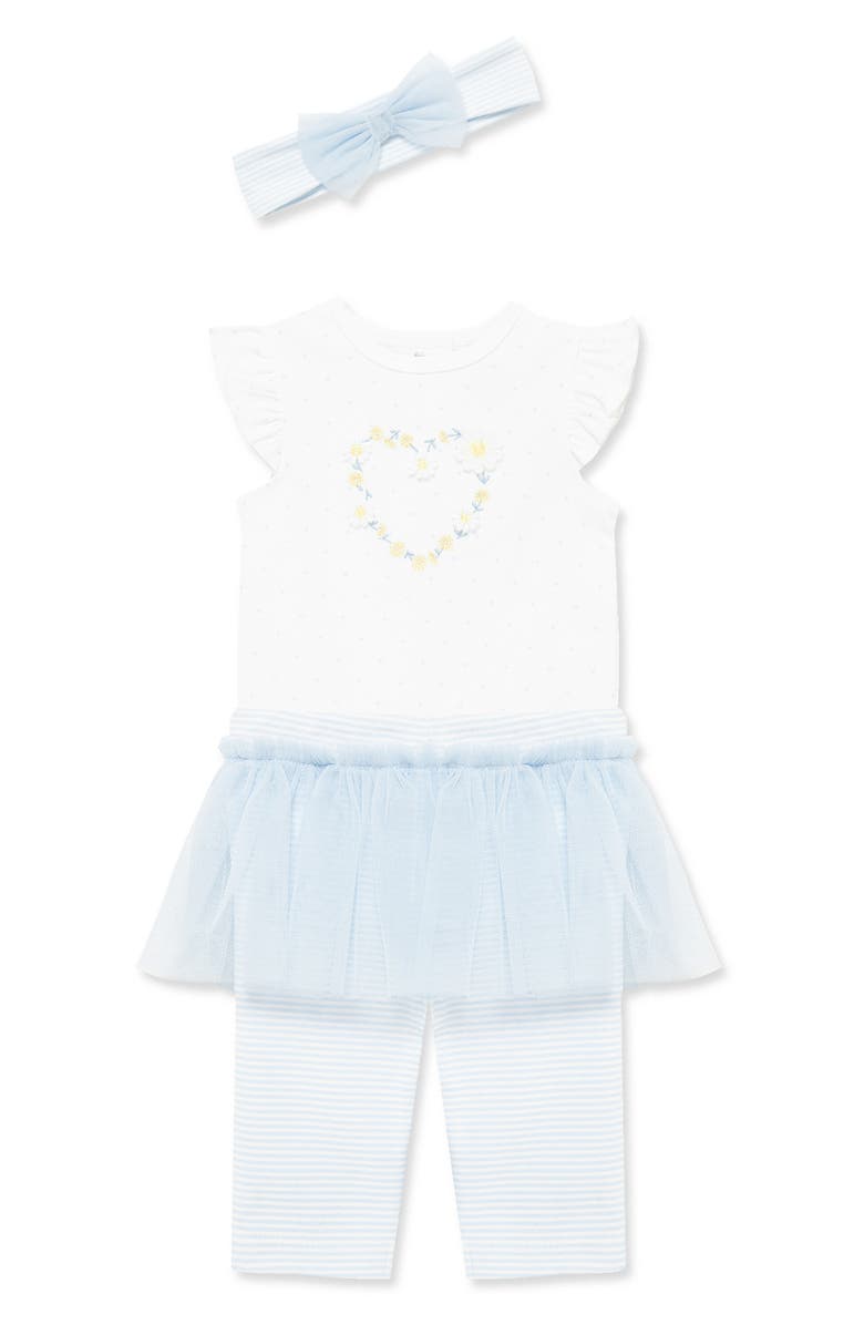 Little Me Daisies Bodysuit, Skirted Leggings & Headband Set, Alternate, color,