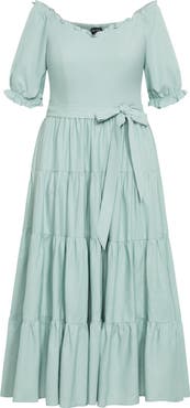 City Chic Puff Sleeve Tiered Midi Dress