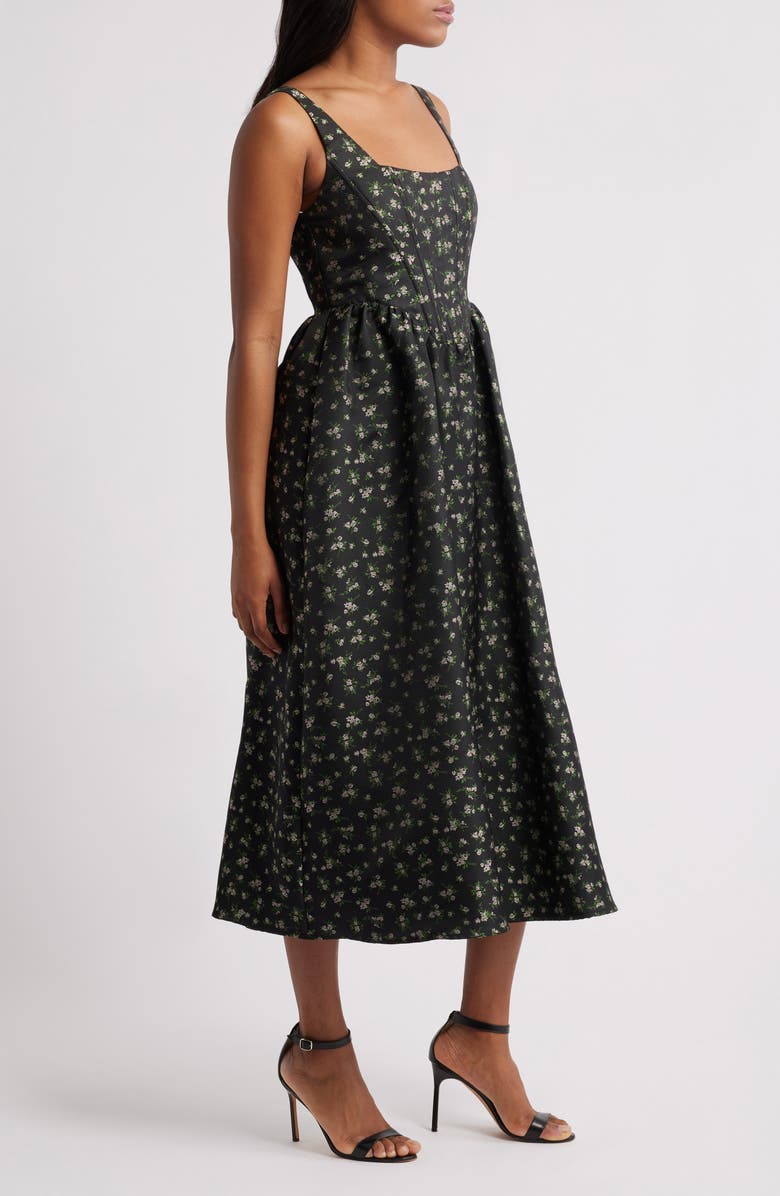 Lulus Celine Floral Corset Cocktail Midi Dress, Alternate, color, Black Multi