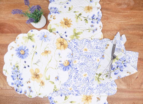 C & F Home C&f Home Lovely Blues Cotton Rectangle Table Runner 14" X 51" Floral Design All Seasons Kitchen Dini In White