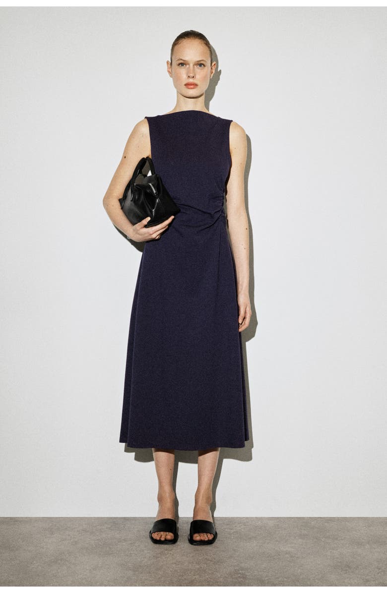 COS Ruched-waist Cotton-jersey Midi Dress, Main, color, Navy