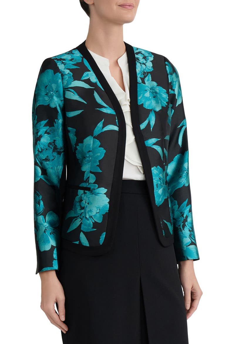 Floral Woven Cardigan with Combo Framing, Alternate, color, BOTTLE TEAL MLT