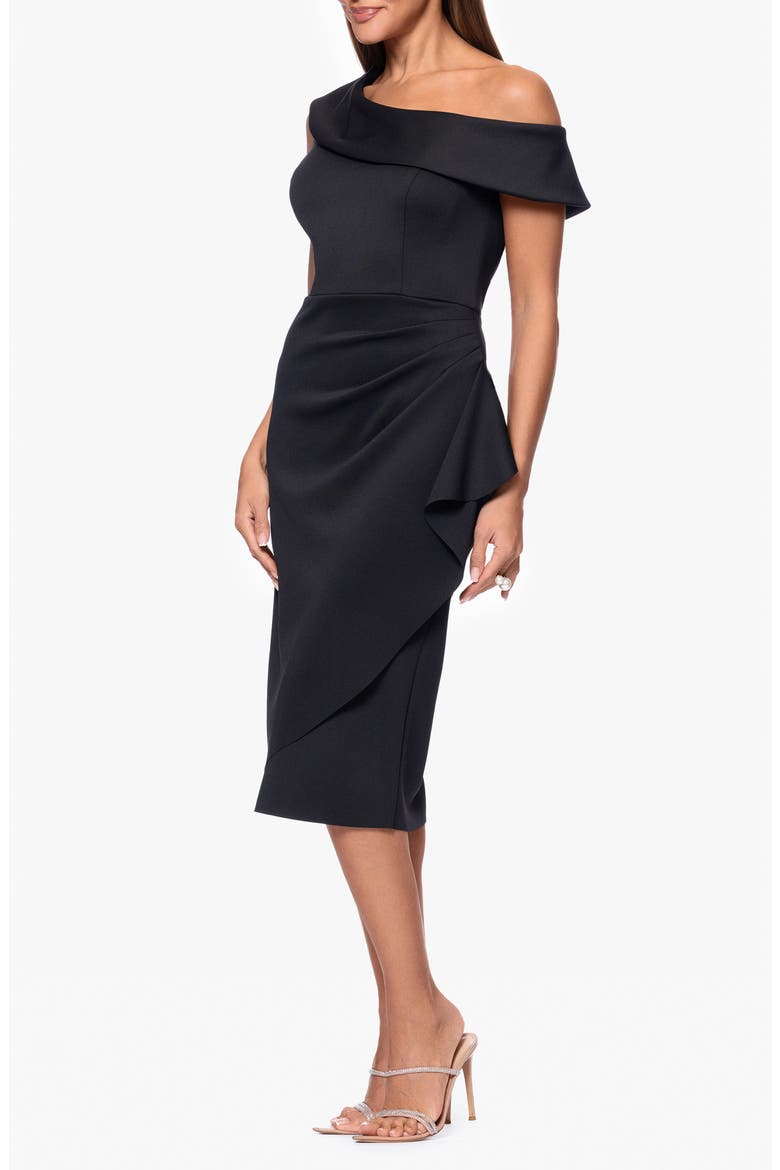One-Shoulder Ruched Cocktail Midi Dress, Alternate, color, BLACK