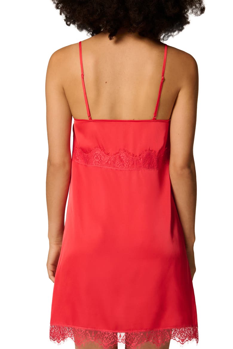 Lace Trim Satin Chemise, Alternate, color, FLAMINGO